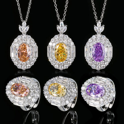 The cutting technology of colored gemstones is popular, with high carbon content, and the main component carbon element is the same as that of real diamonds. Highly simulated diamond, Redion cut, premium texture, ice flower cut, copper inlaid, deep pink diamond set, main stone 8 * 12