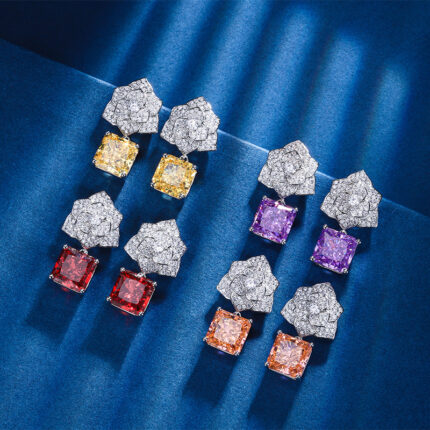The color gemstone cutting technology is popular, with high carbon content, and the main component carbon element is the same as that of real diamonds. Highly simulated diamond Redion cutting, ice flower cutting, copper inlaid with petals, earrings, main stone 10 * 10