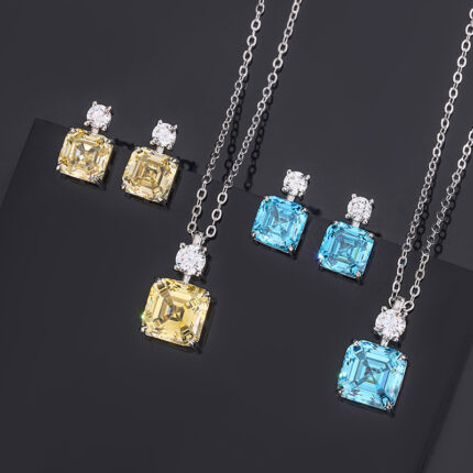 High carbon content, with the main component being the same carbon element as real diamonds. Highly simulated diamond Redion cut high-quality texture real color treasure Asche sea blue treasure princess square pendant set 10 * 10-8 * 8
