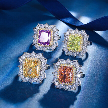 The cutting technology of colored gemstones is popular, with high carbon content, and the main component carbon element is the same as that of real diamonds. Highly simulated diamond Redion cut high-end texture ice flower cut color diamond copper inlaid fashionable light luxury ring 10 * 12