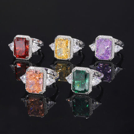 High carbon content, with the main component being the same carbon element as real diamonds. Highly simulated diamond Redion cut high-quality texture genuine color treasure ice flower square diamond copper inlaid temperament light luxury rectangular ring for women 10 * 14