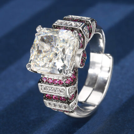 High carbon content, with the main component being the same carbon element as real diamonds. Highly simulated diamond, Redion cut, high-quality texture, true color, precious copper base, gold-plated ice flower cut, high carbon diamond, copper inlaid, personalized ring for women, 10 * 10